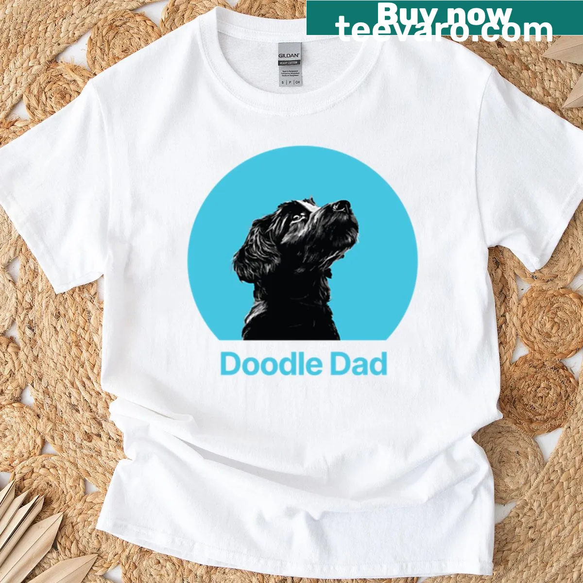 Minimalist T-shirt featuring a doodle of a dog for dog dads — on a men's t-shirt