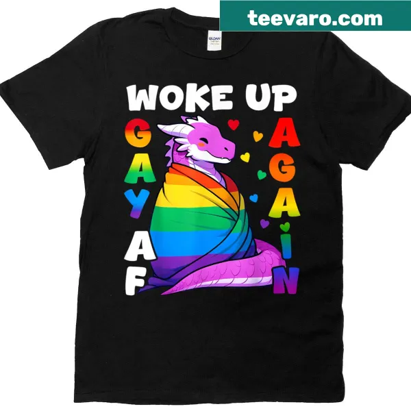 LGBTQ Dragon graphic t-shirt featuring rainbow colors and playful text.