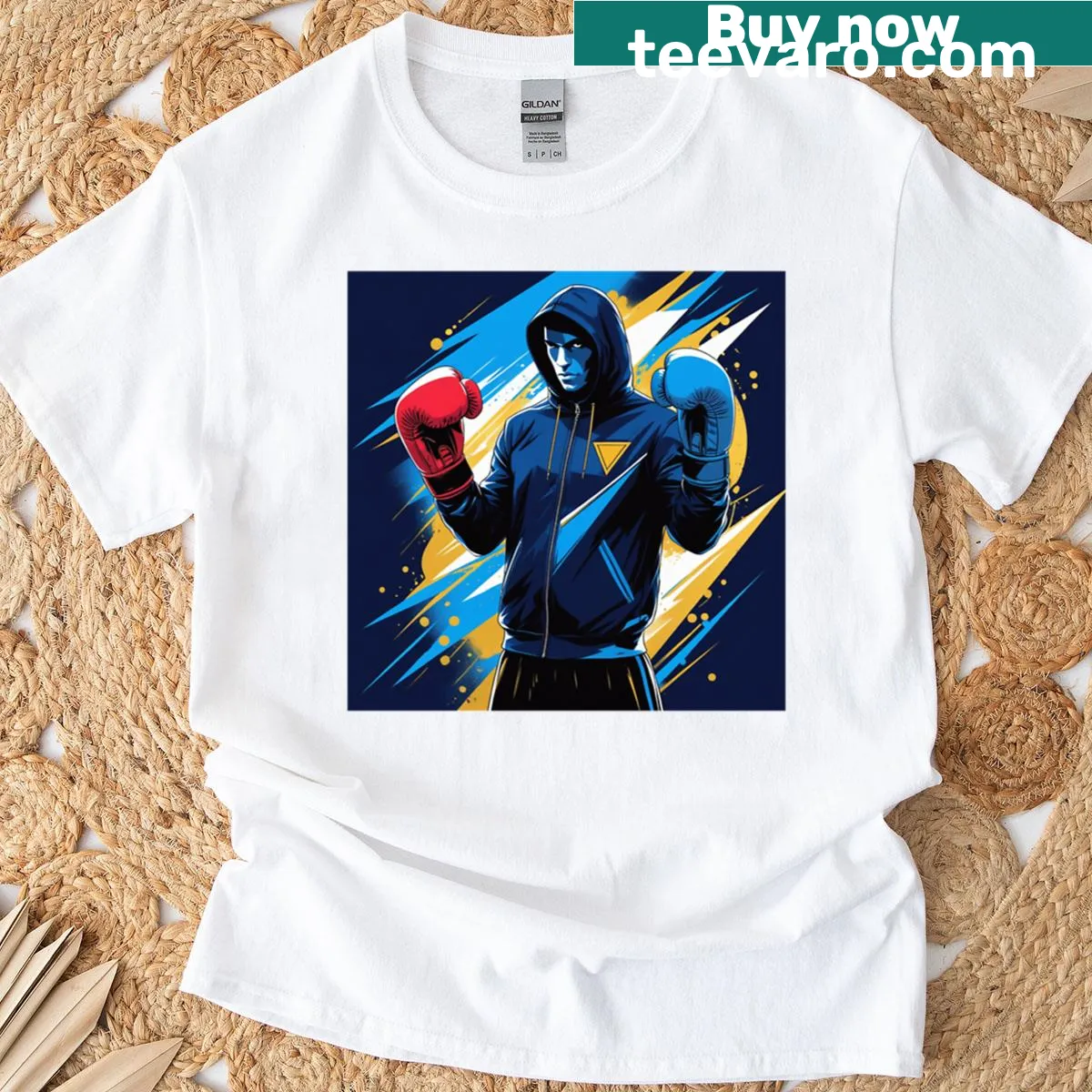 Boxing gloves graphic on an oversized t-shirt — on a men's t-shirt