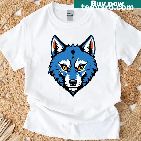 Illustrative blue wolf head design on a t-shirt