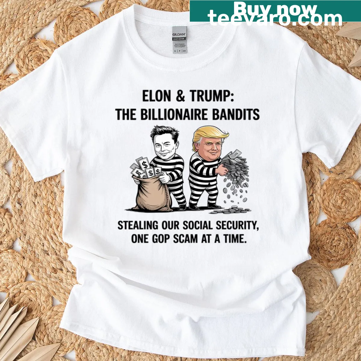 Humorous Billionaire Bandits illustration of Elon and Trump — on a men's t-shirt