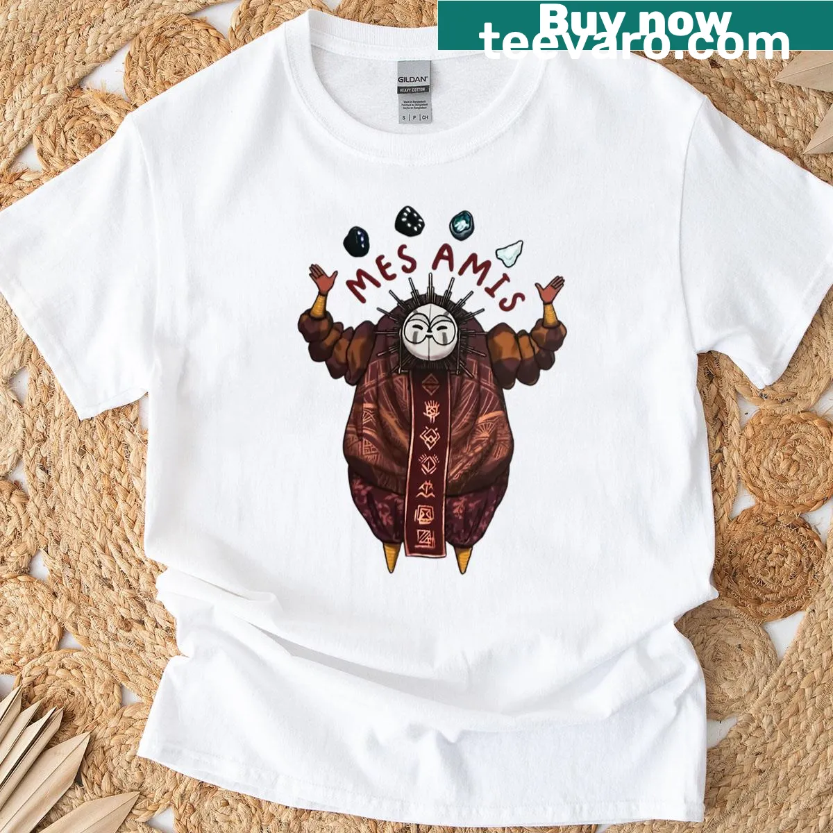 Playful Expedition T-shirt with Esquie and Rock friends graphic — on a men's t-shirt