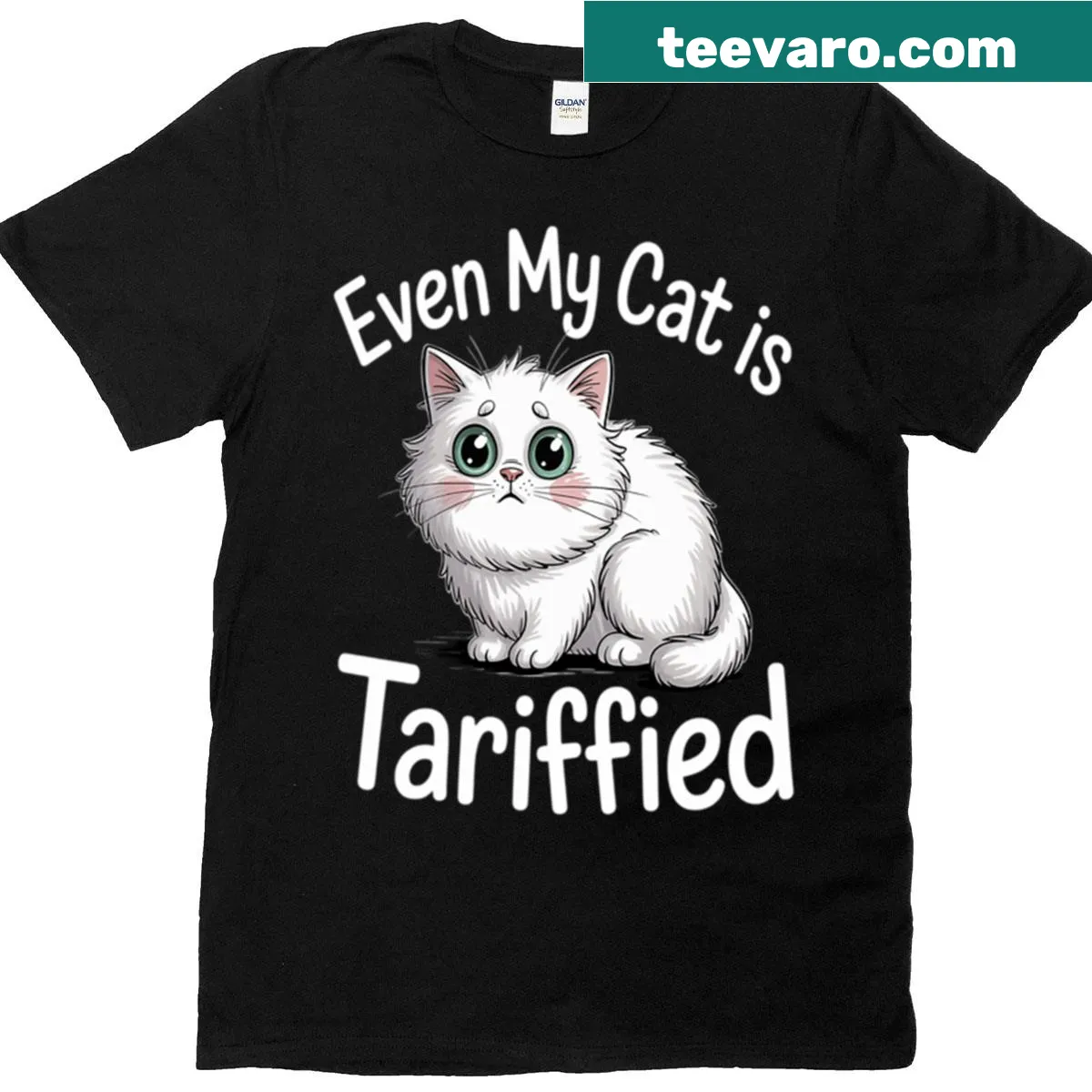 Cute kitten T-shirt with Even My Cat Is Tariffied text — on a men's t-shirt