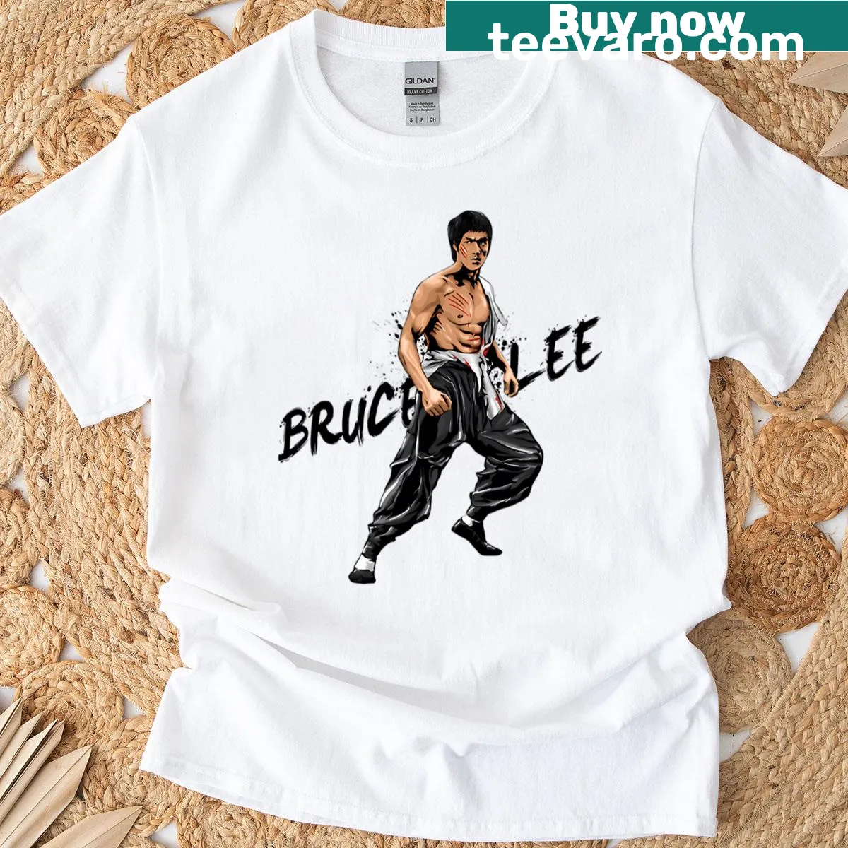 Vintage T-shirt celebrating classic kung fu films and legends — on a men's t-shirt