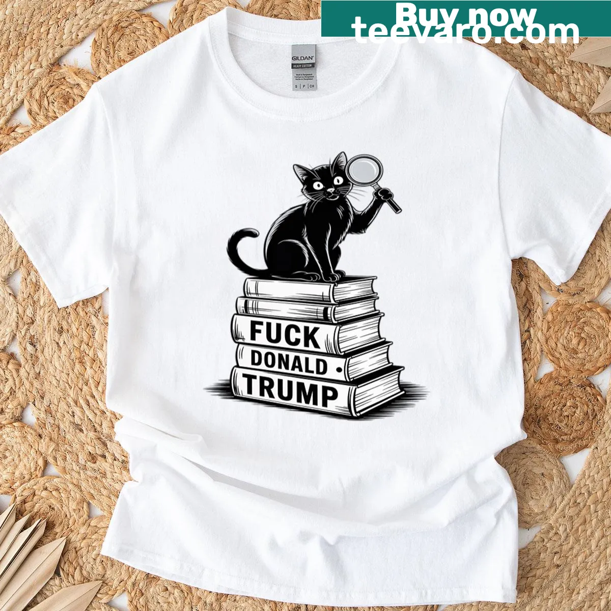 Illustrative black cat with feminist message on T-shirt — on a men's t-shirt