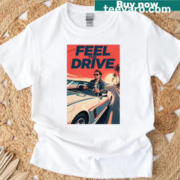 Retro sports car illustration on a nostalgic T-shirt.