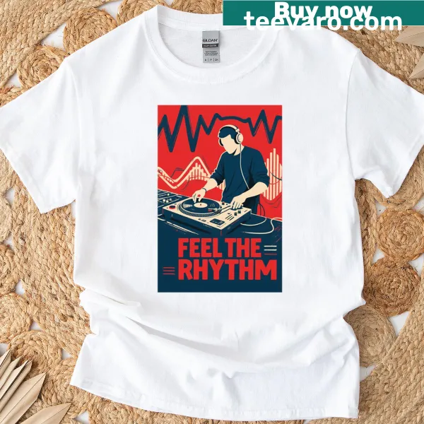 Retro DJ artwork graphic on a casual t-shirt