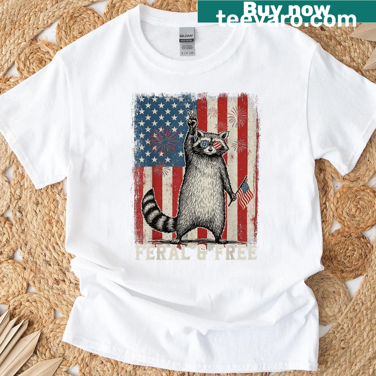 Funny raccoon graphic for Fourth of July T-shirt — on a men's t-shirt