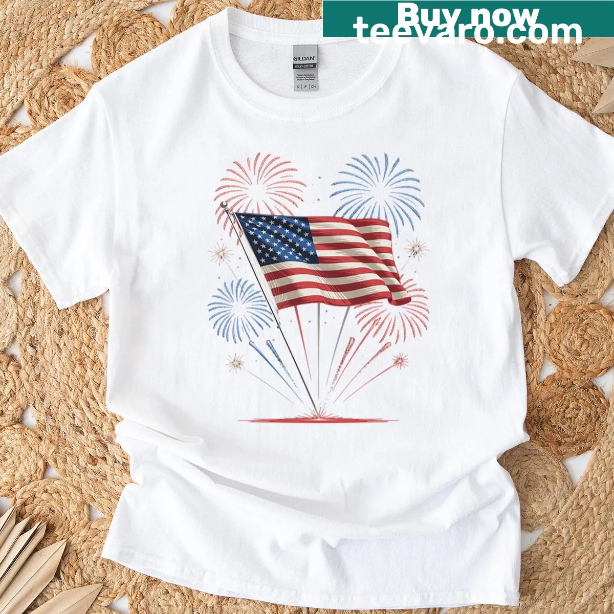 Fireworks and American flag graphic on a July 4th t-shirt — on a men's t-shirt