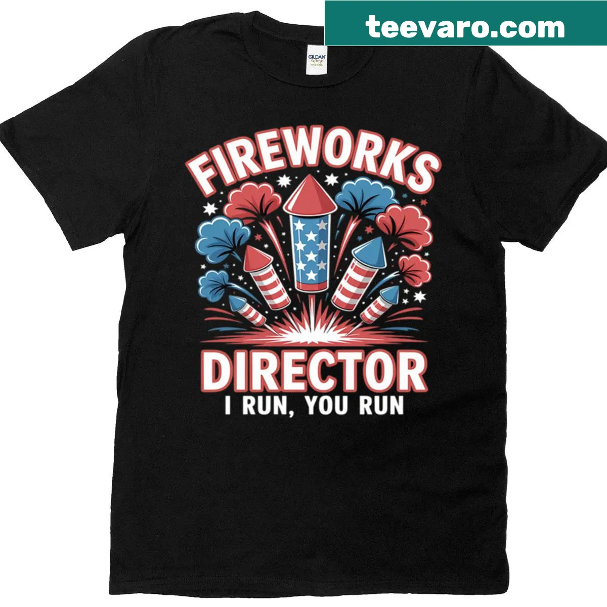 4th of July t-shirt with 'I Run You Run' text and fireworks design — on a men's t-shirt