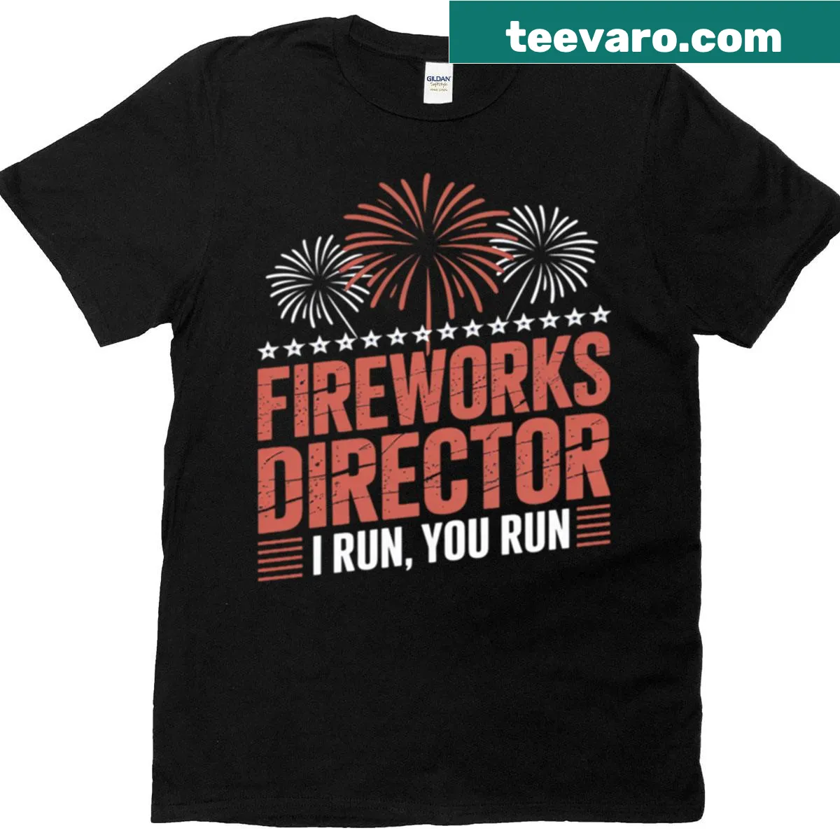 Patriotic T-shirt with 'I Run You Run' text for fireworks directors — on a men's t-shirt