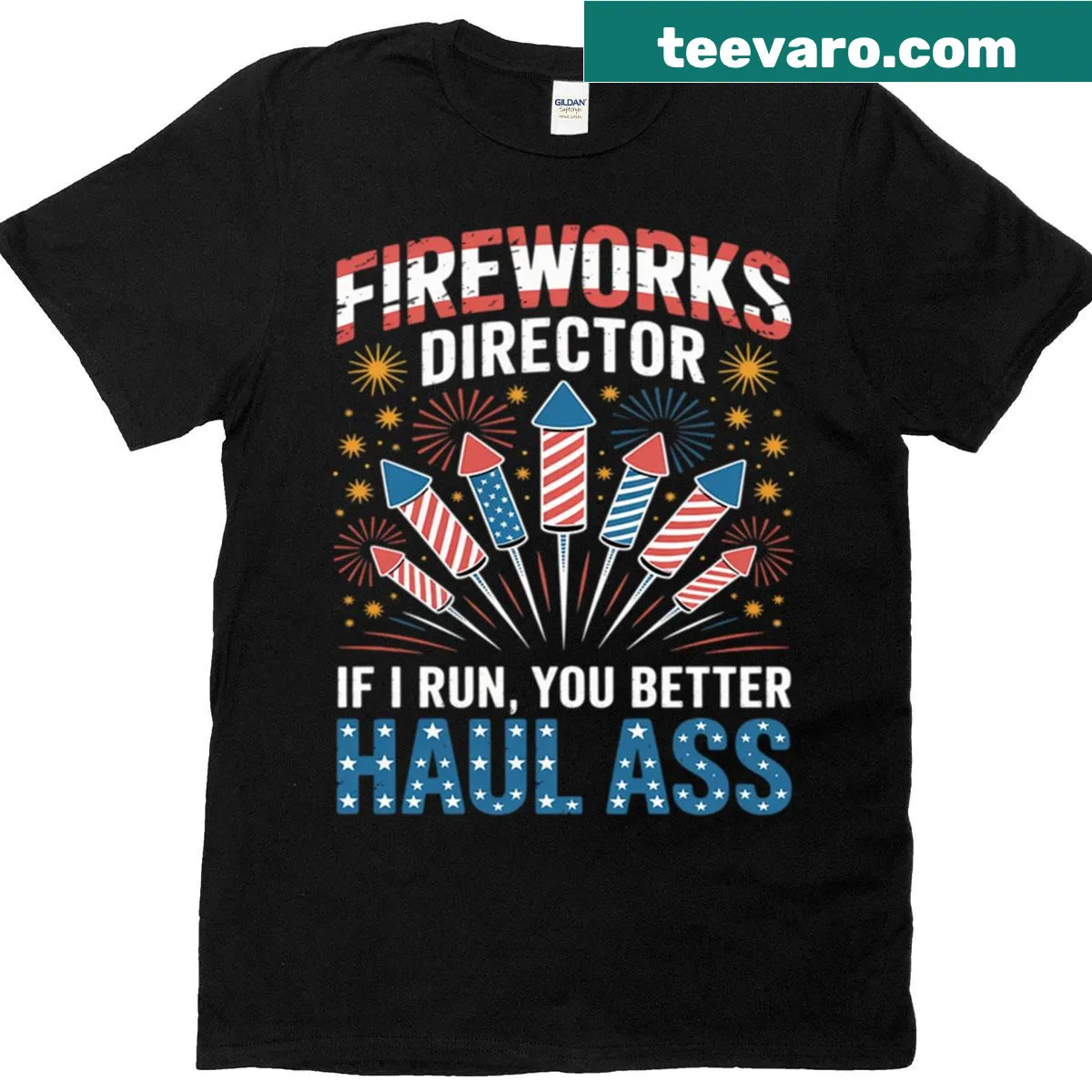 4th of July fireworks director t-shirt with patriotic text — on a men's t-shirt