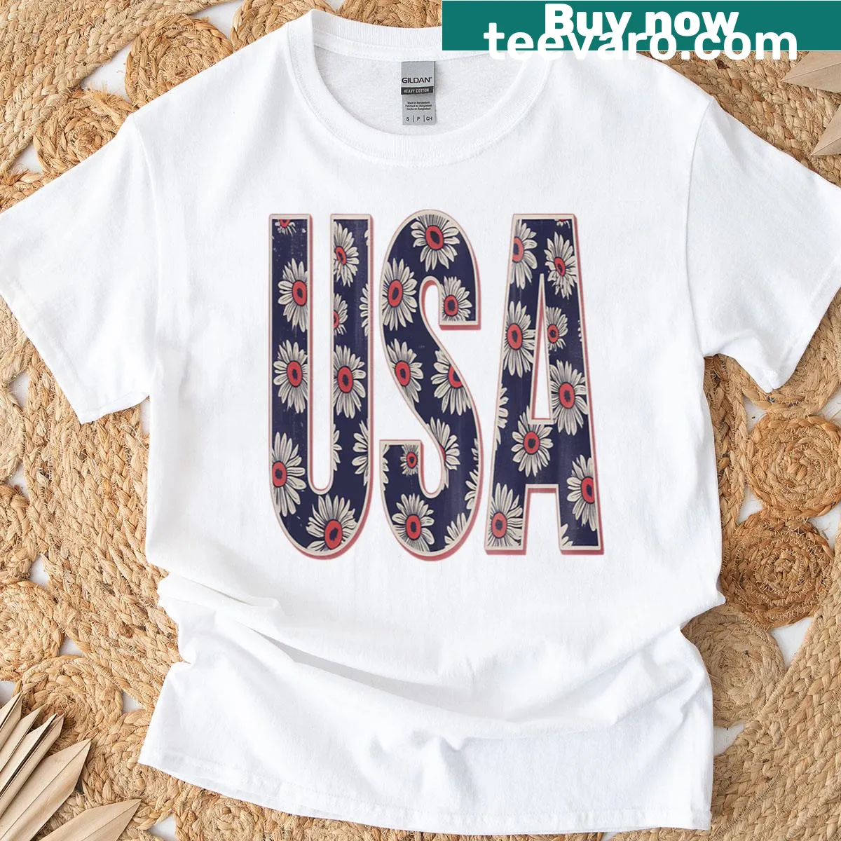 Vintage floral USA graphic on a Fourth of July T-shirt. — on a men's t-shirt