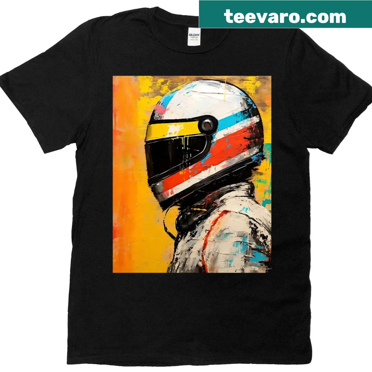 Street art-inspired graphic T-shirt featuring Formula One racing theme — on a men's t-shirt