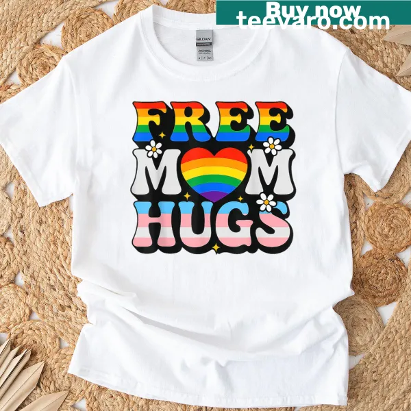 Free Mom Hugs t-shirt with rainbow flag elements for LGBTQ+ pride