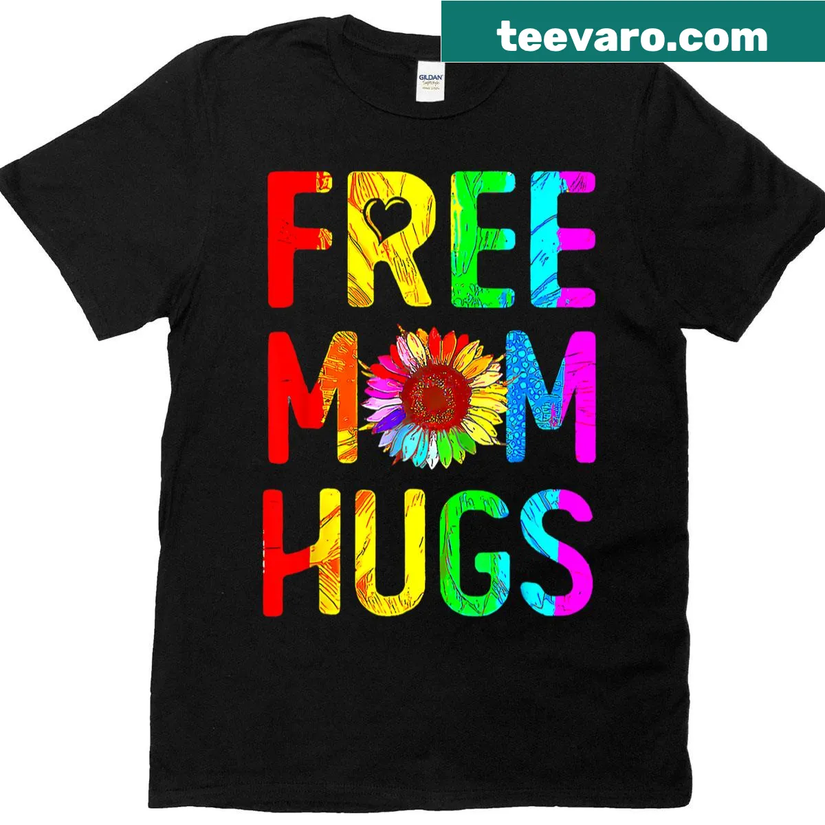 T-shirt with Free Mom Hugs text and rainbow flower graphics — on a men's t-shirt