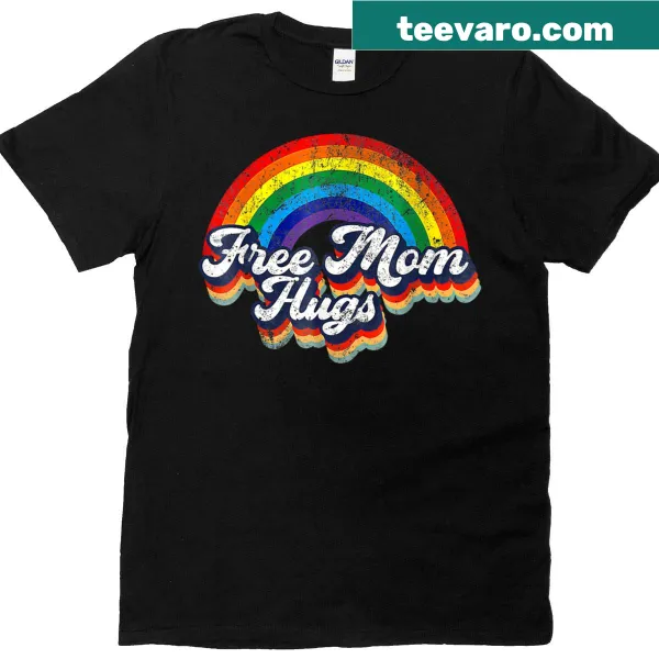 Free Mom Hugs graphic T-shirt with rainbow heart design