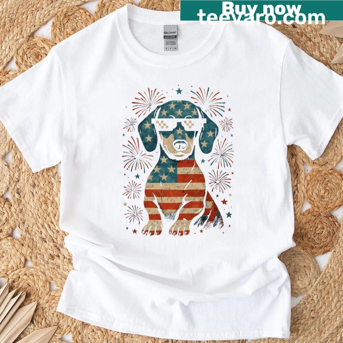 Patriotic dachshund graphic on a Fourth of July T-shirt — on a men's t-shirt