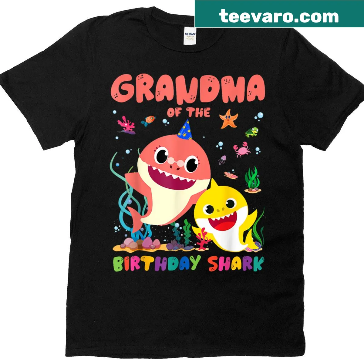 T-shirt for grandma featuring a humorous shark graphic and text — on a men's t-shirt
