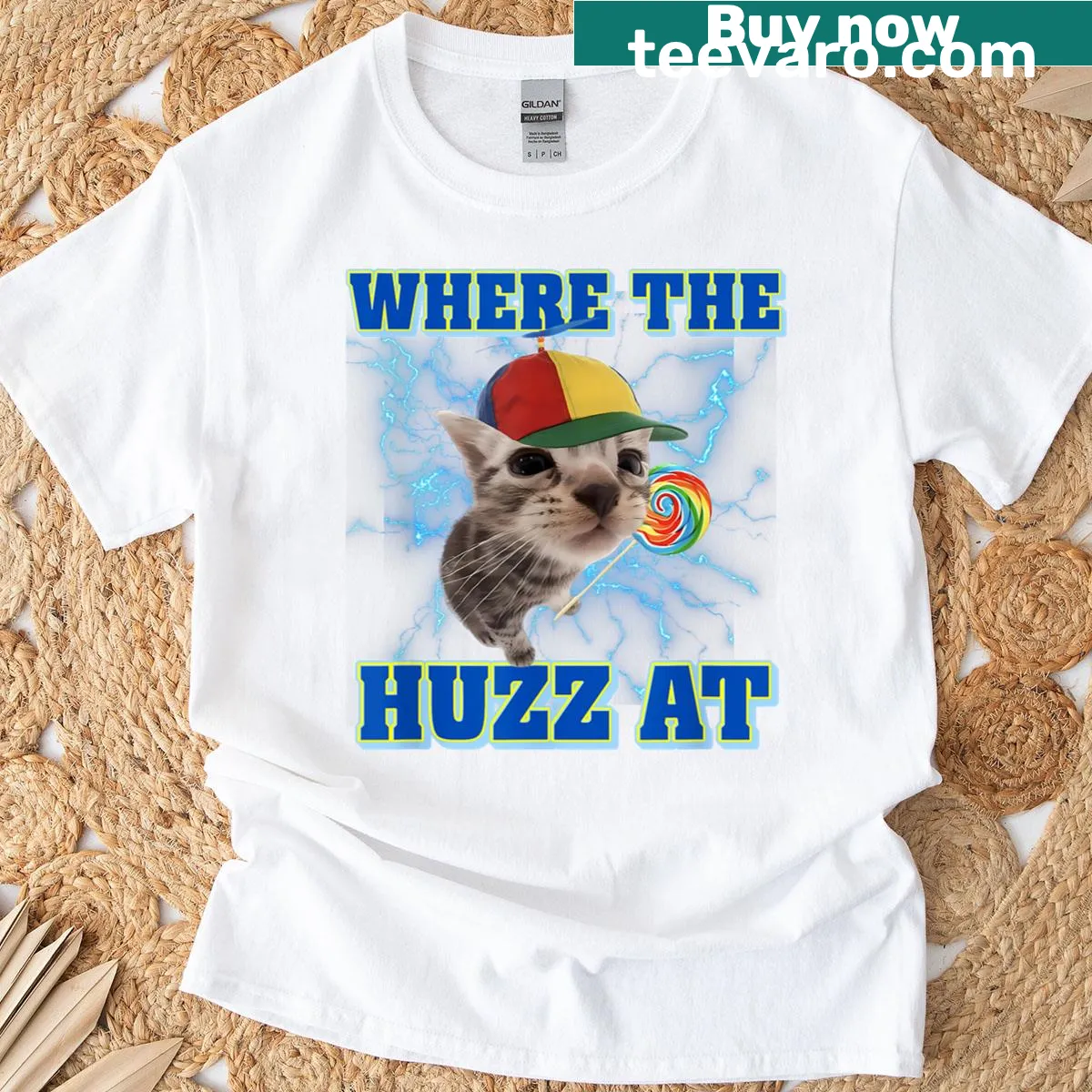 Retro cat meme design with the phrase: Where The Huzz At — on a men's t-shirt
