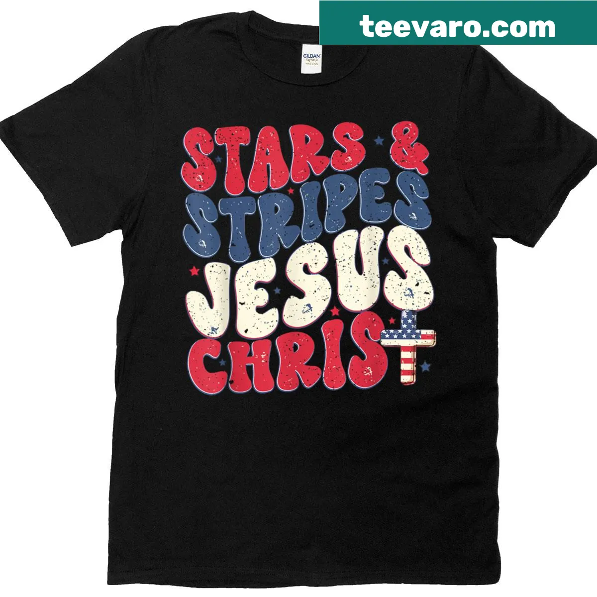 Funny Christian 4th of July t-shirt with stars and stripes design — on a men's t-shirt