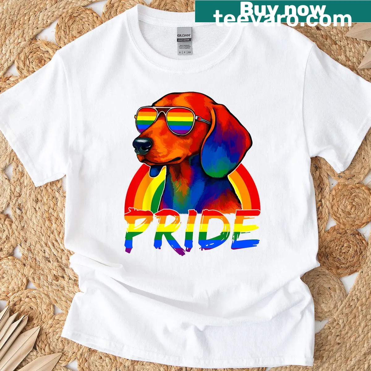 Dachshund wearing sunglasses with rainbow flag for Gay Pride t-shirt — on a men's t-shirt