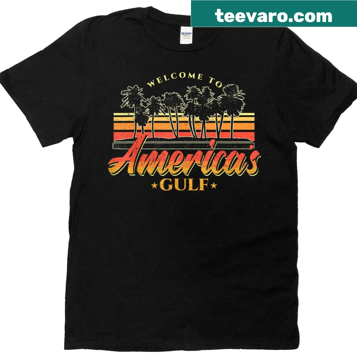 Illustrated Trump graphic on Gulf Est 2025 themed T-shirt — on a men's t-shirt
