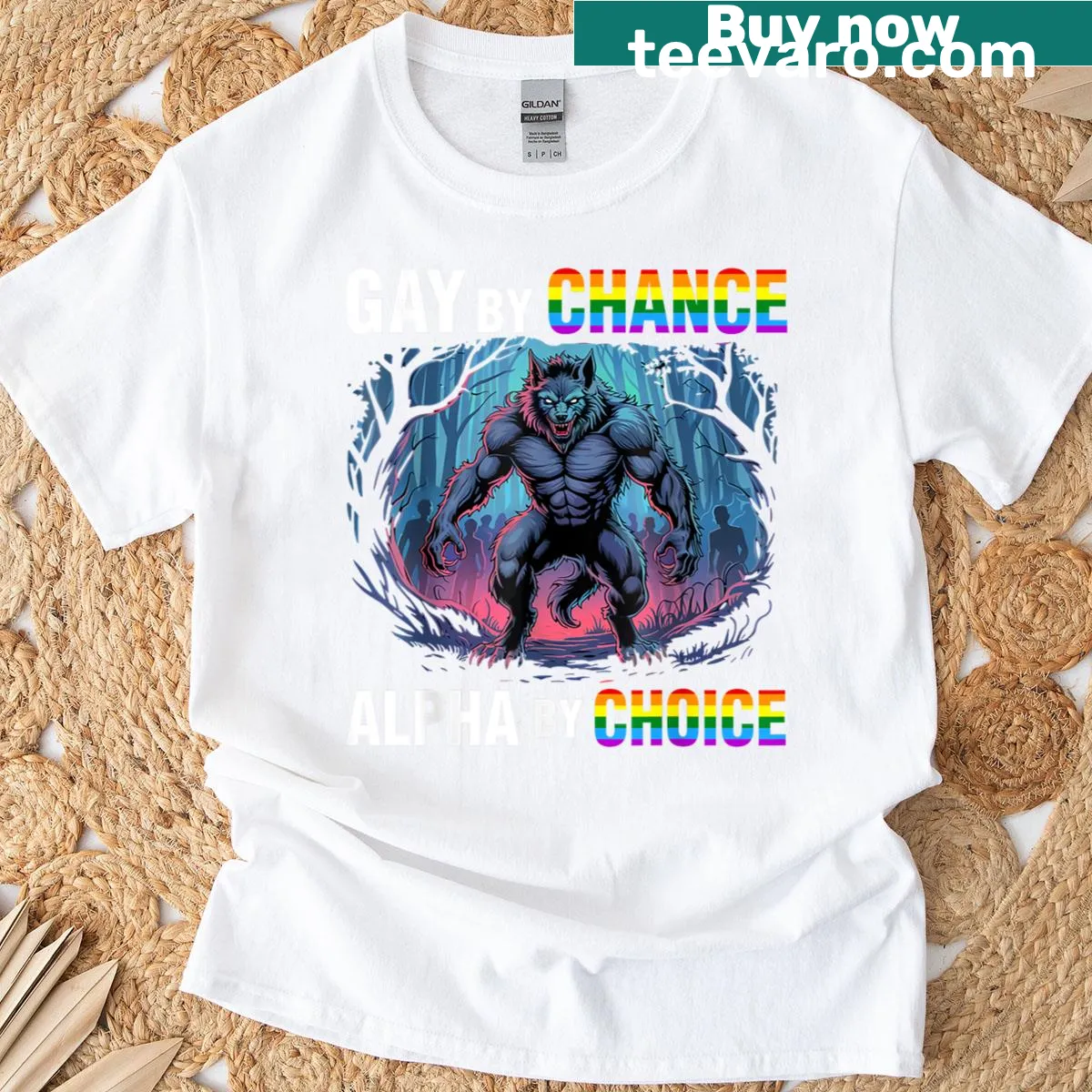 Vintage wolf graphic celebrating LGBTQ+ pride on T-shirt — on a men's t-shirt