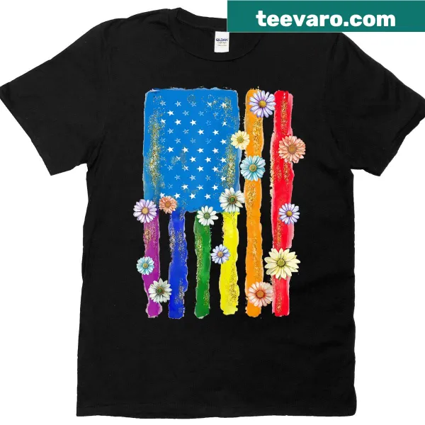 Floral Gay Pride T-shirt featuring rainbow flowers and pride elements.
