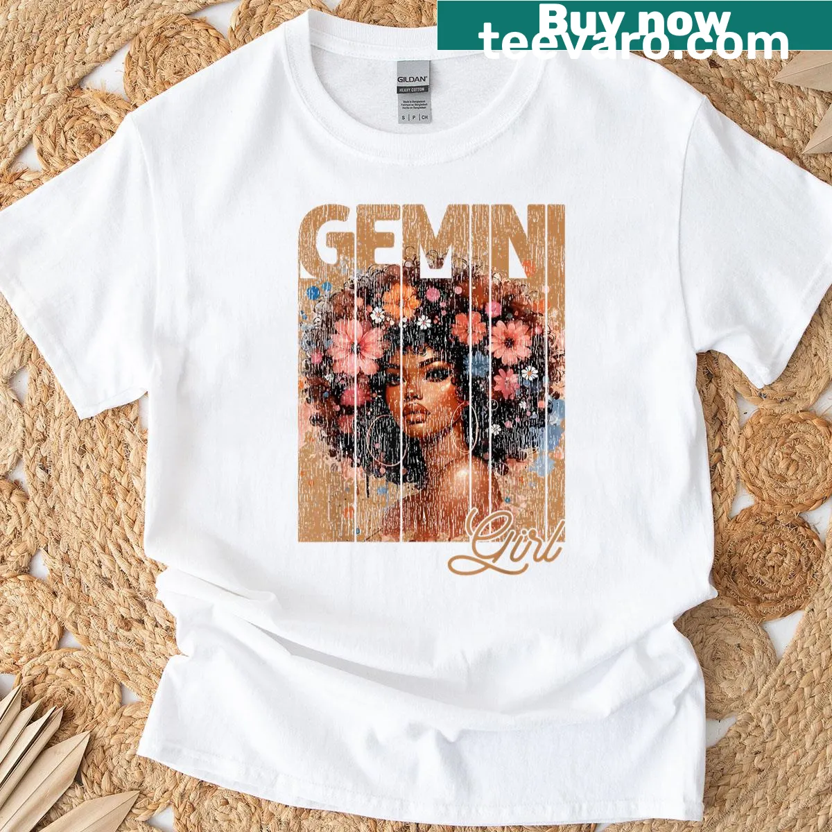 Illustrated Gemini zodiac sign t-shirt featuring an African American woman — on a men's t-shirt
