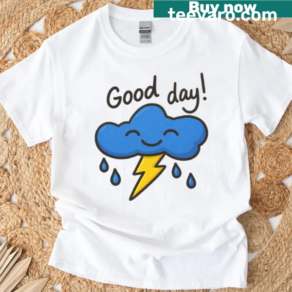 Whimsical rain cloud and lightning graphic on a T-shirt
