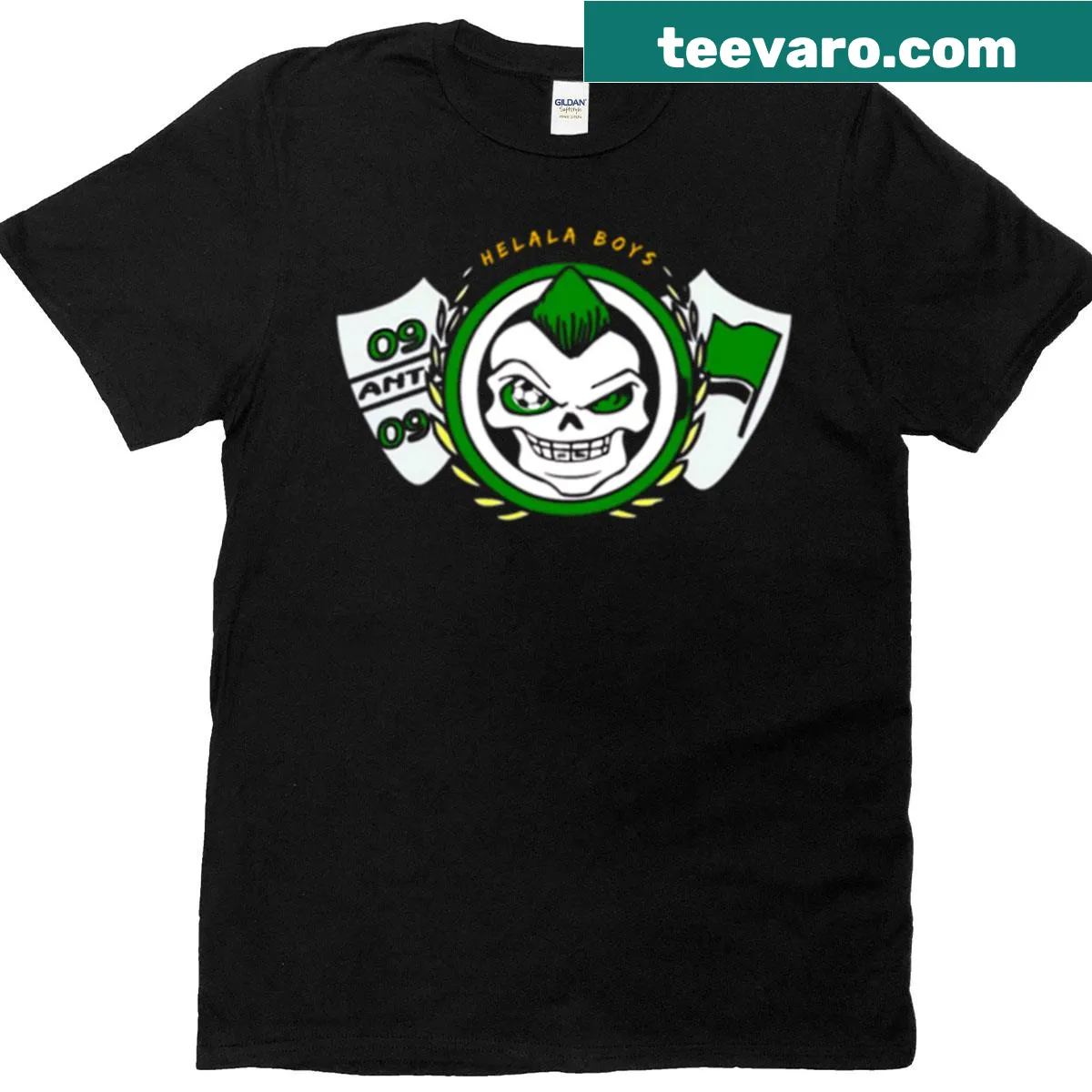 Bold green skull emblem t-shirt designed for Helala Boys — on a men's t-shirt