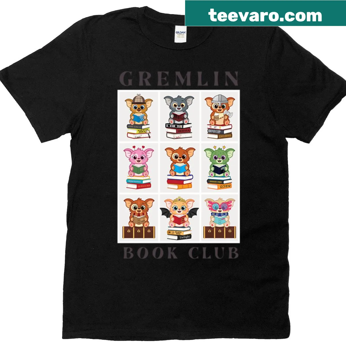 Whimsical T-shirt featuring a gremlin book club theme. — on a men's t-shirt