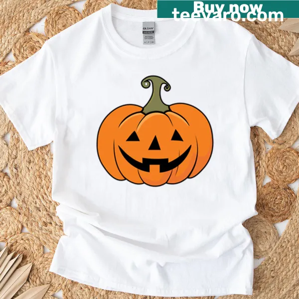 Cartoon T-shirt featuring a grinning pumpkin face for Halloween.