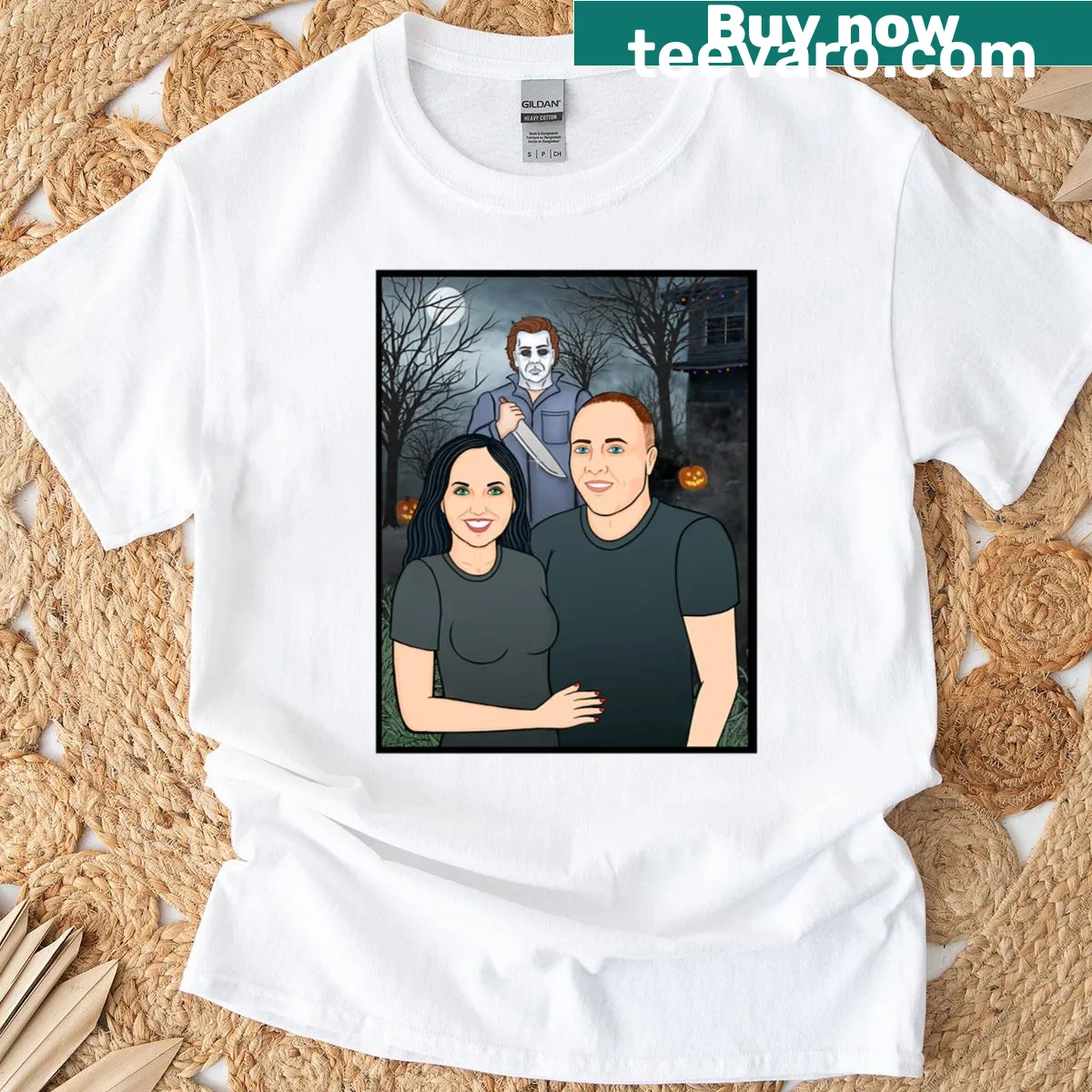 Whimsical Halloween couple illustration for Andrew W on T-shirt — on a men's t-shirt