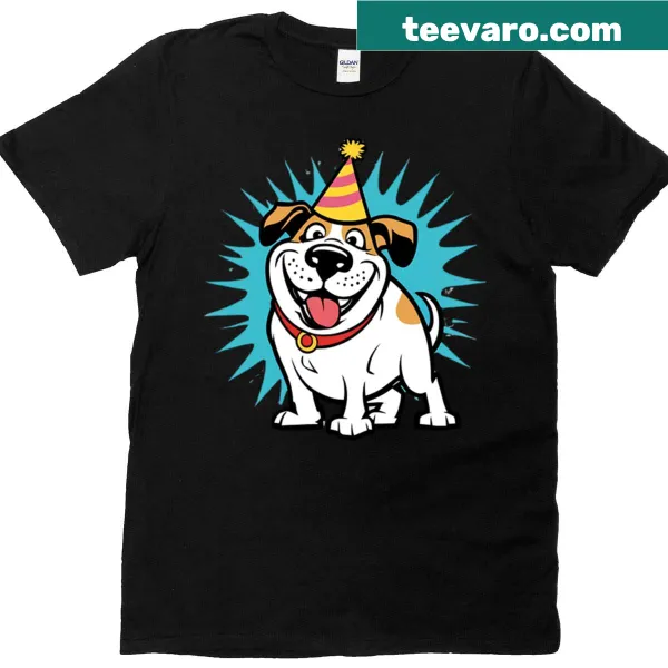 Cute cartoon dog illustration on a party-themed T-shirt