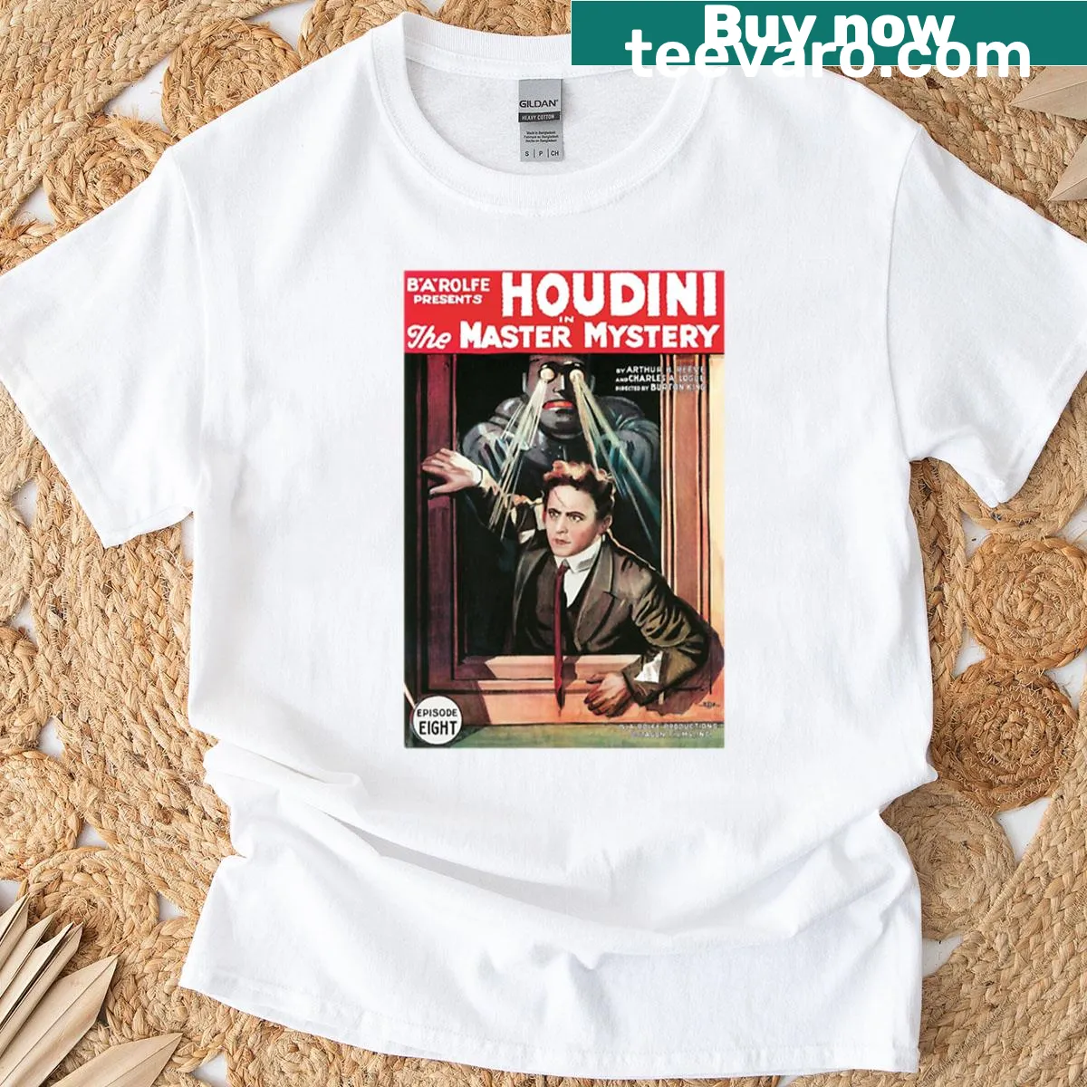 Houdini-themed T-shirt with a whimsical illustration — on a men's t-shirt