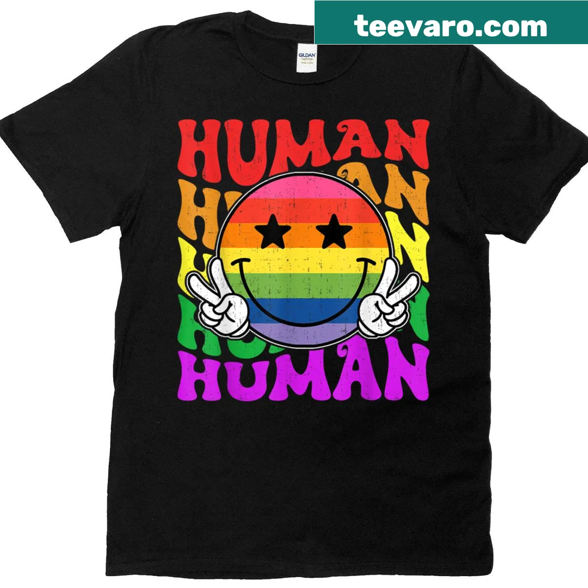 Retro-style T-shirt celebrating LGBTQ+ pride and peace — on a men's t-shirt