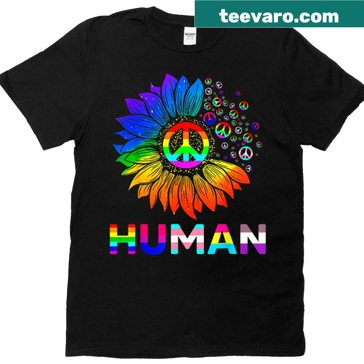 Sunflower and rainbow LGBT flag pride t-shirt — on a men's t-shirt