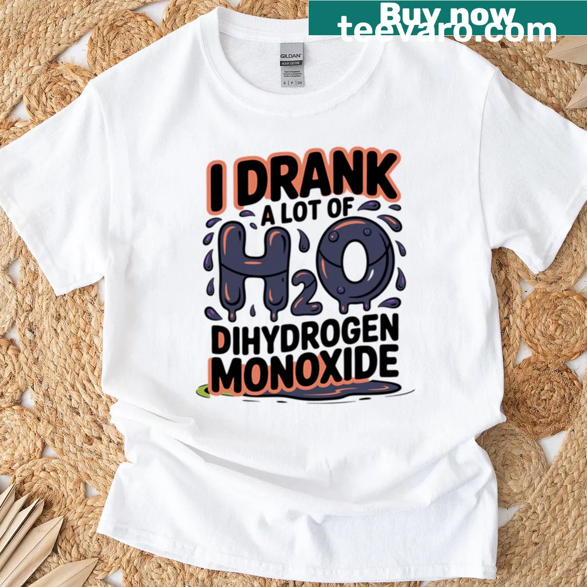 Funny T-shirt featuring a humorous quote about dihydrogen monoxide. — on a men's t-shirt