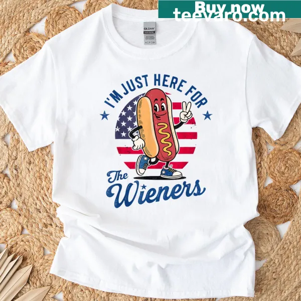 Playful hot dog illustration with patriotic elements on a T-shirt