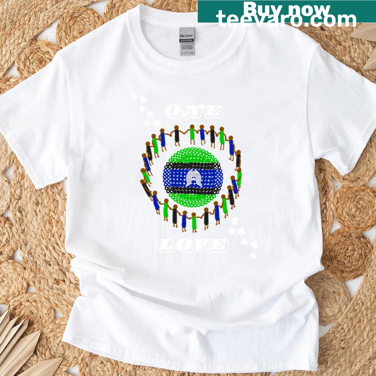 Indigenous dot painting with 'One Love' text on a T-shirt — on a men's t-shirt