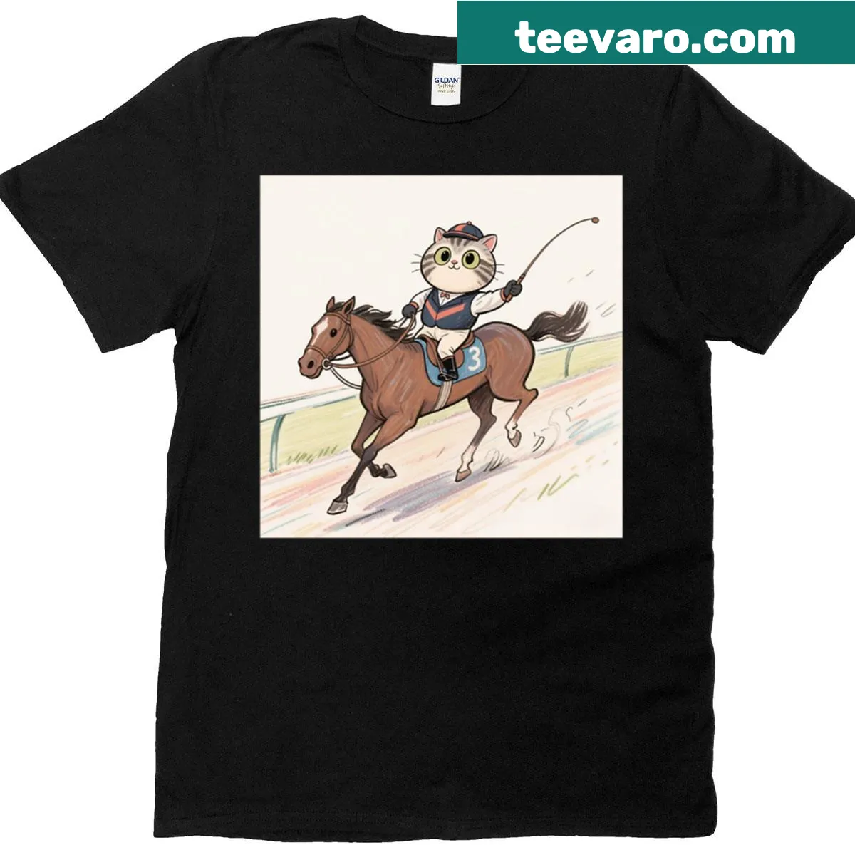 Cute t-shirt with 'Jockey Meow' design featuring whimsical cat illustration — on a men's t-shirt