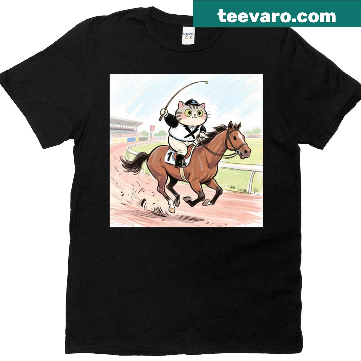 Cartoon design of a jockey cat on a fun T-shirt — on a men's t-shirt