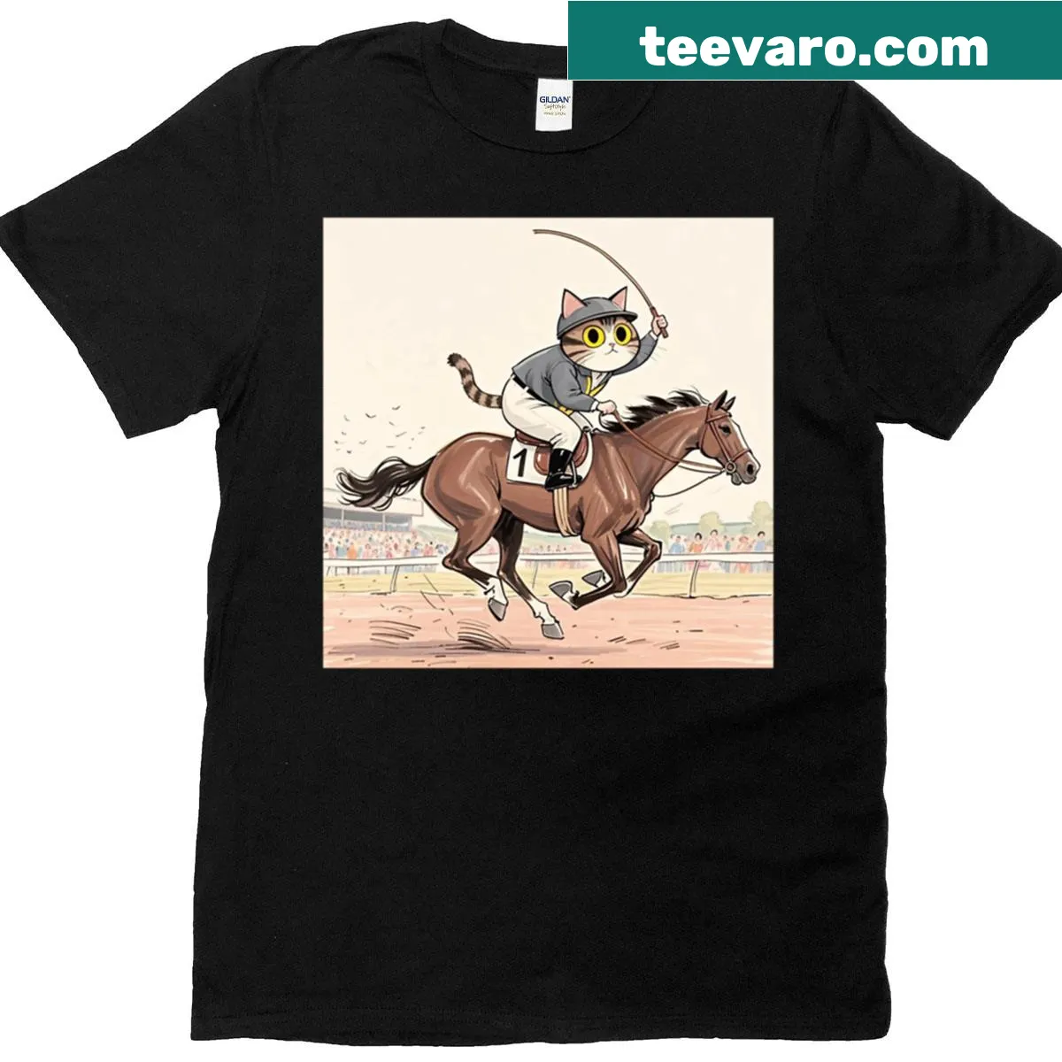 Humorous cat jockey graphic on a t-shirt for cat lovers — on a men's t-shirt
