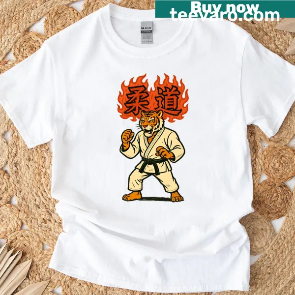 Illustrated tiger design on a T-shirt representing judo