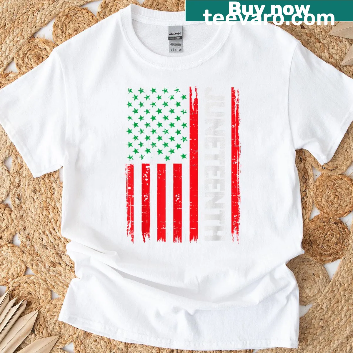 T-shirt featuring USA flag and Juneteenth theme — on a men's t-shirt