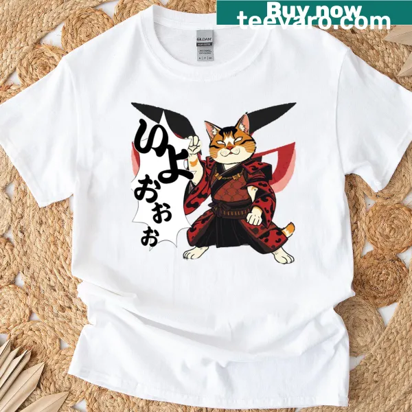 Illustrated T-shirt featuring a Kabuki cat in a fierce pose