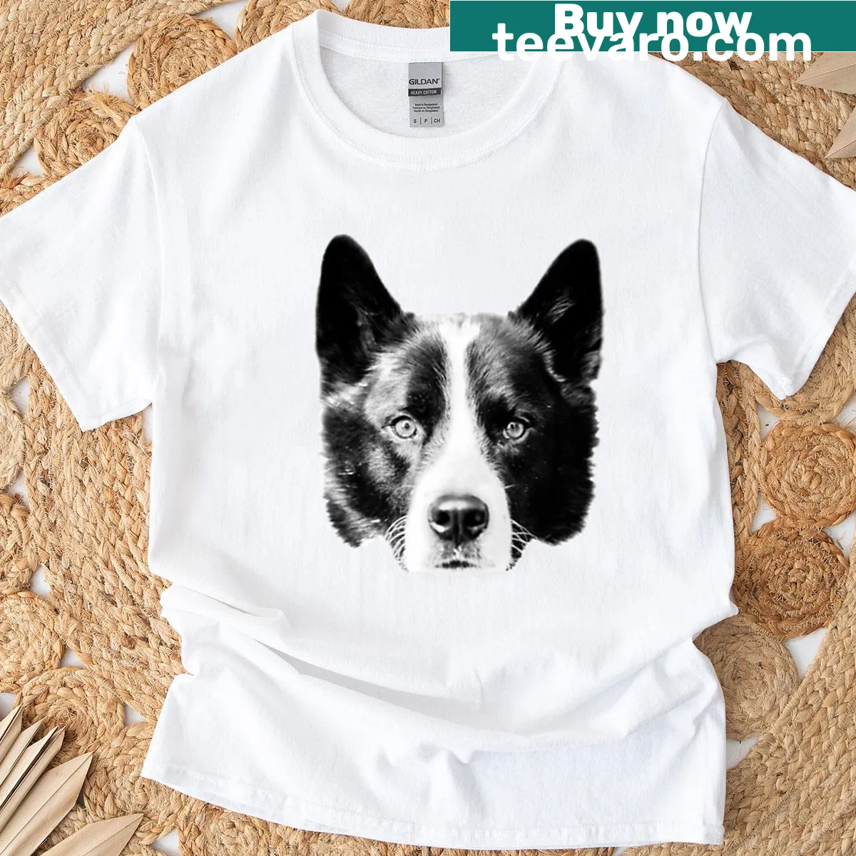 Graphic T-shirt featuring a Karelian Bear Dog illustration — on a men's t-shirt
