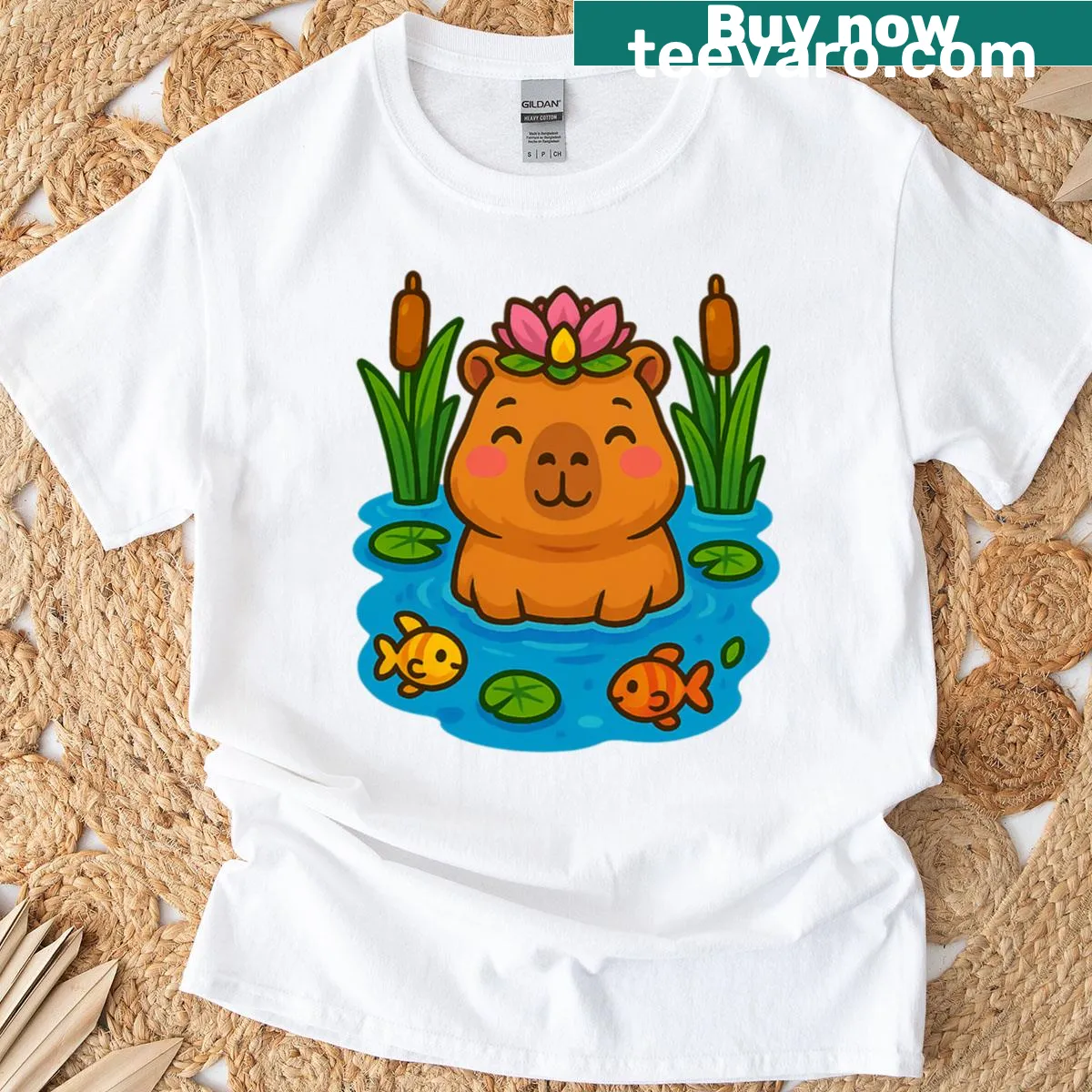 Kawaii illustration of a capybara in a lotus pond on T-shirt — on a men's t-shirt